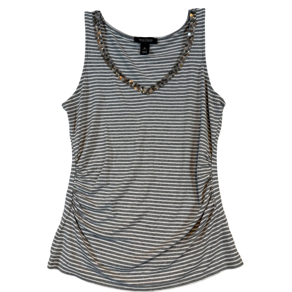 White House Black Market Grey White Striped Sequin V-Neck Ruched Tank Top •M•